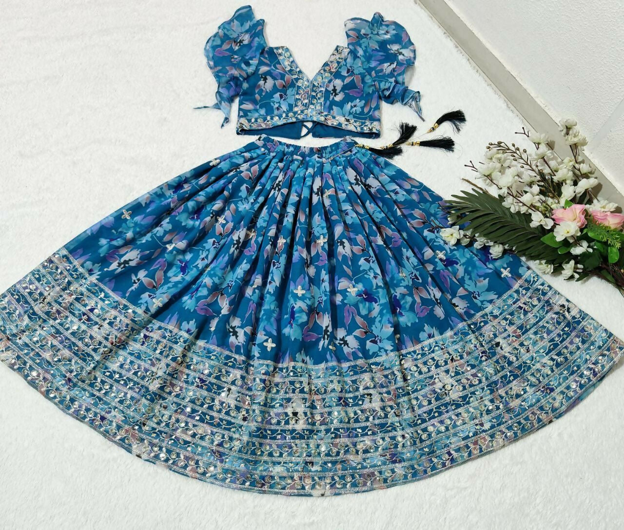Jyoti Fashion Beautiful Blue Faux Georgette Digital Printed with Sequins Embroidered Kids Lehenga Choli Set - Distacart