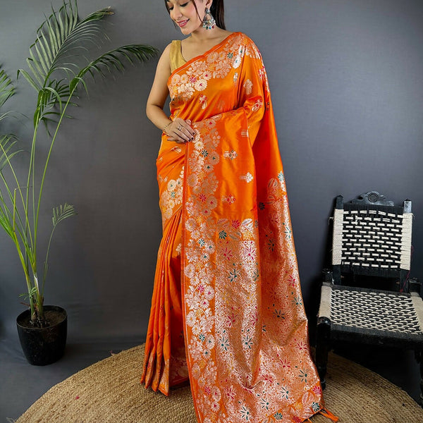 Joban Fashion Meenakari Orange Woven Soft Silk Saree