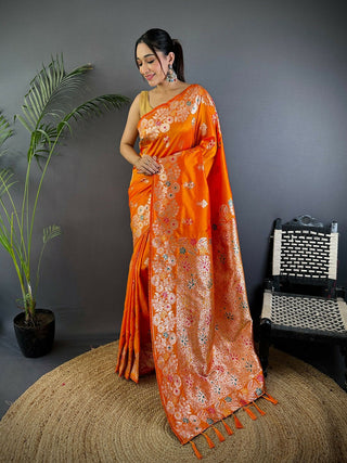 Joban Fashion Meenakari Orange Woven Soft Silk Saree
