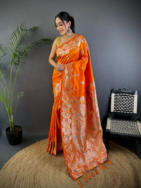 Joban Fashion Meenakari Orange Woven Soft Silk Saree