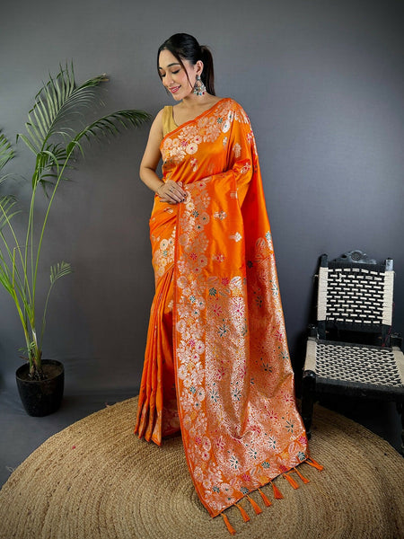 Joban Fashion Meenakari Orange Woven Soft Silk Saree