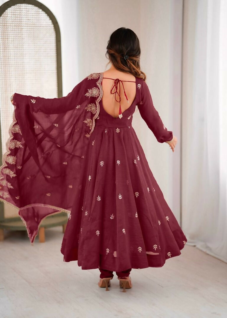 Teeya Creation Maroon Color Crunchy Silk Embroidery Work Wedding Wear Gown
