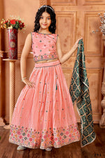 Thumbnail for Kids Functional Designer Peach Chinon Fab Lehenga choli - Aaradhna - Distacart