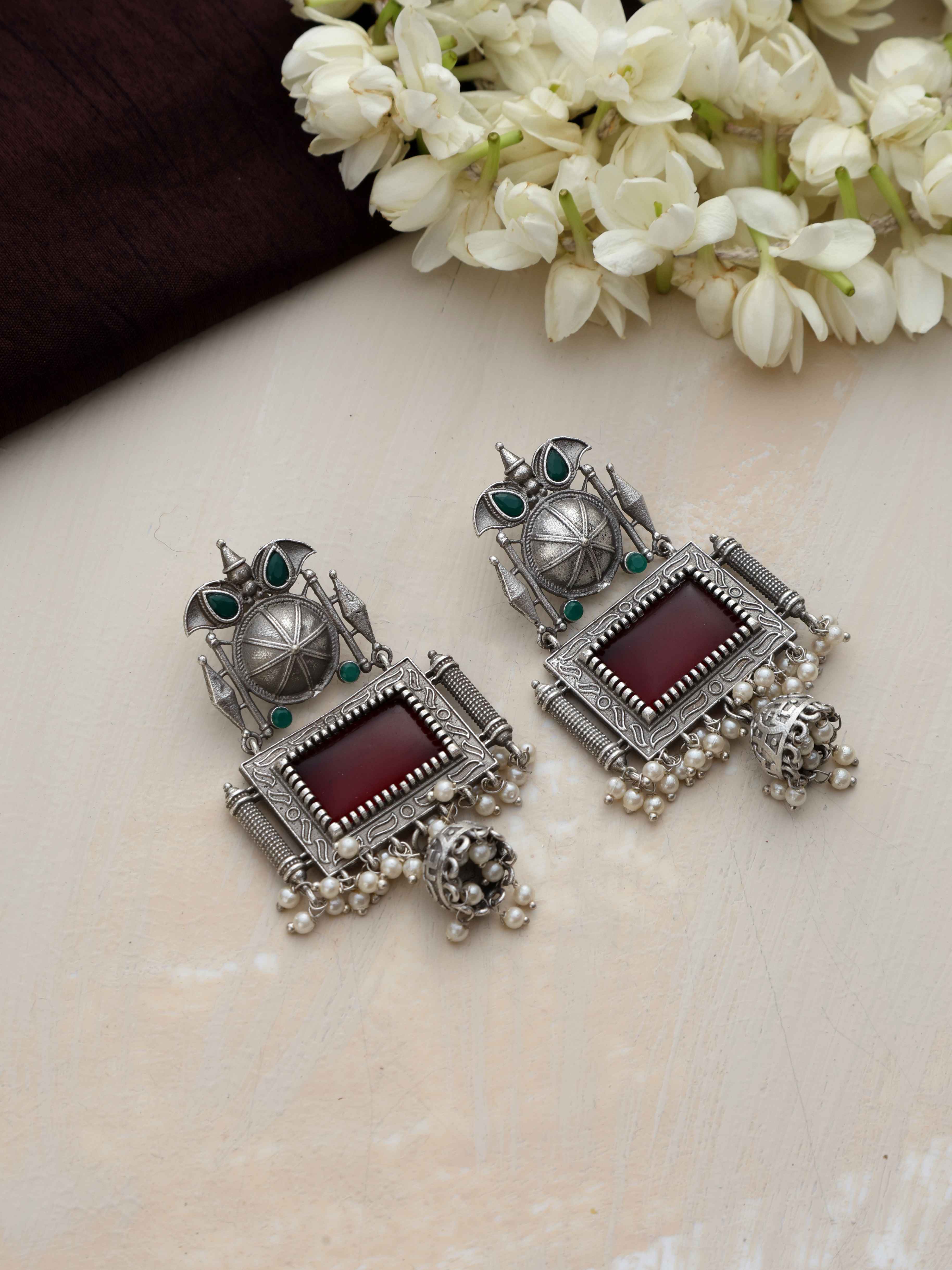 trueBrowns Silver Tone Red Stone Dangle Earrings - Distacart