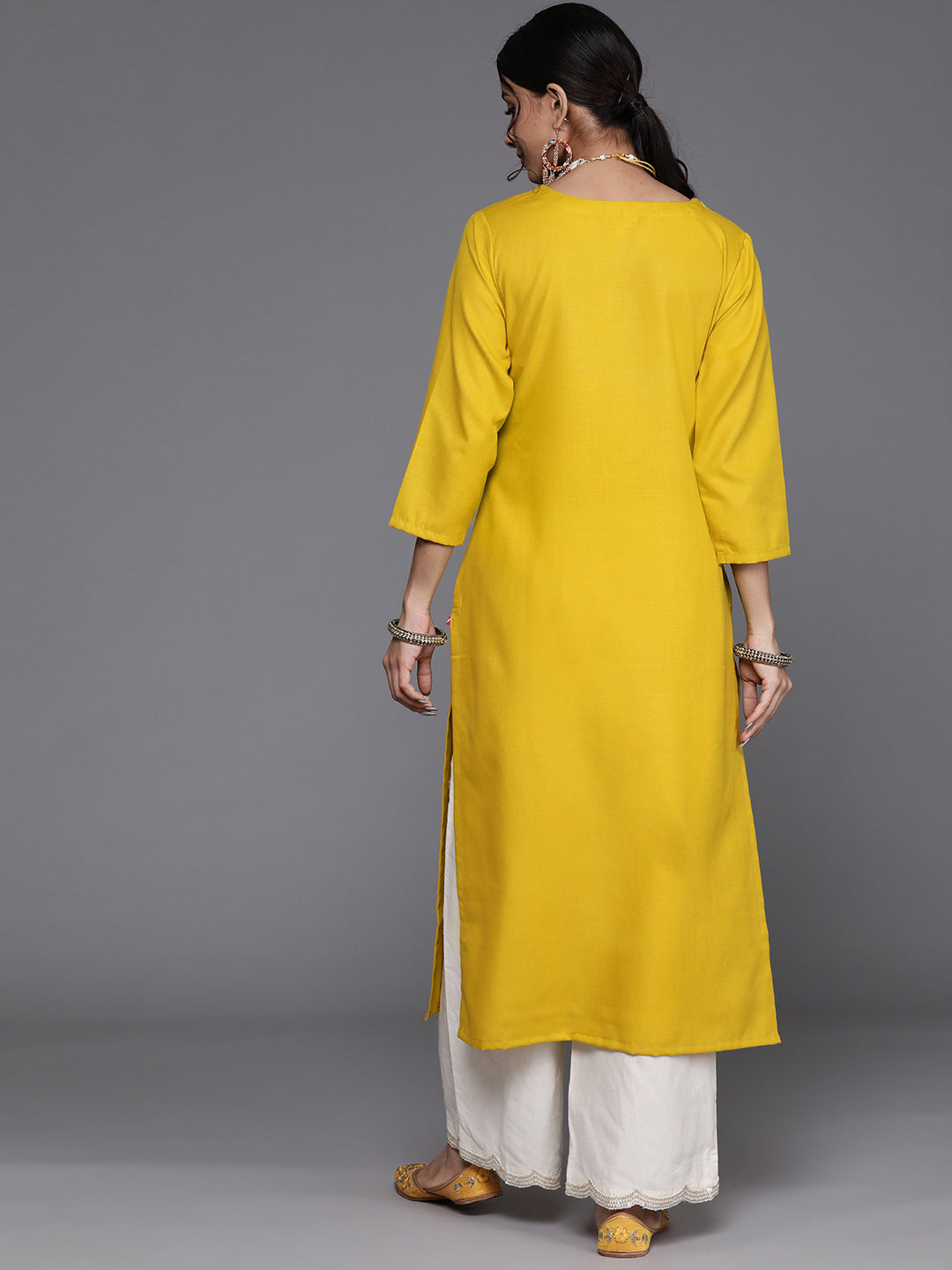 Varanga Women Mustard Yellow Floral Yoke Embroidered Straight Kurta - Distacart