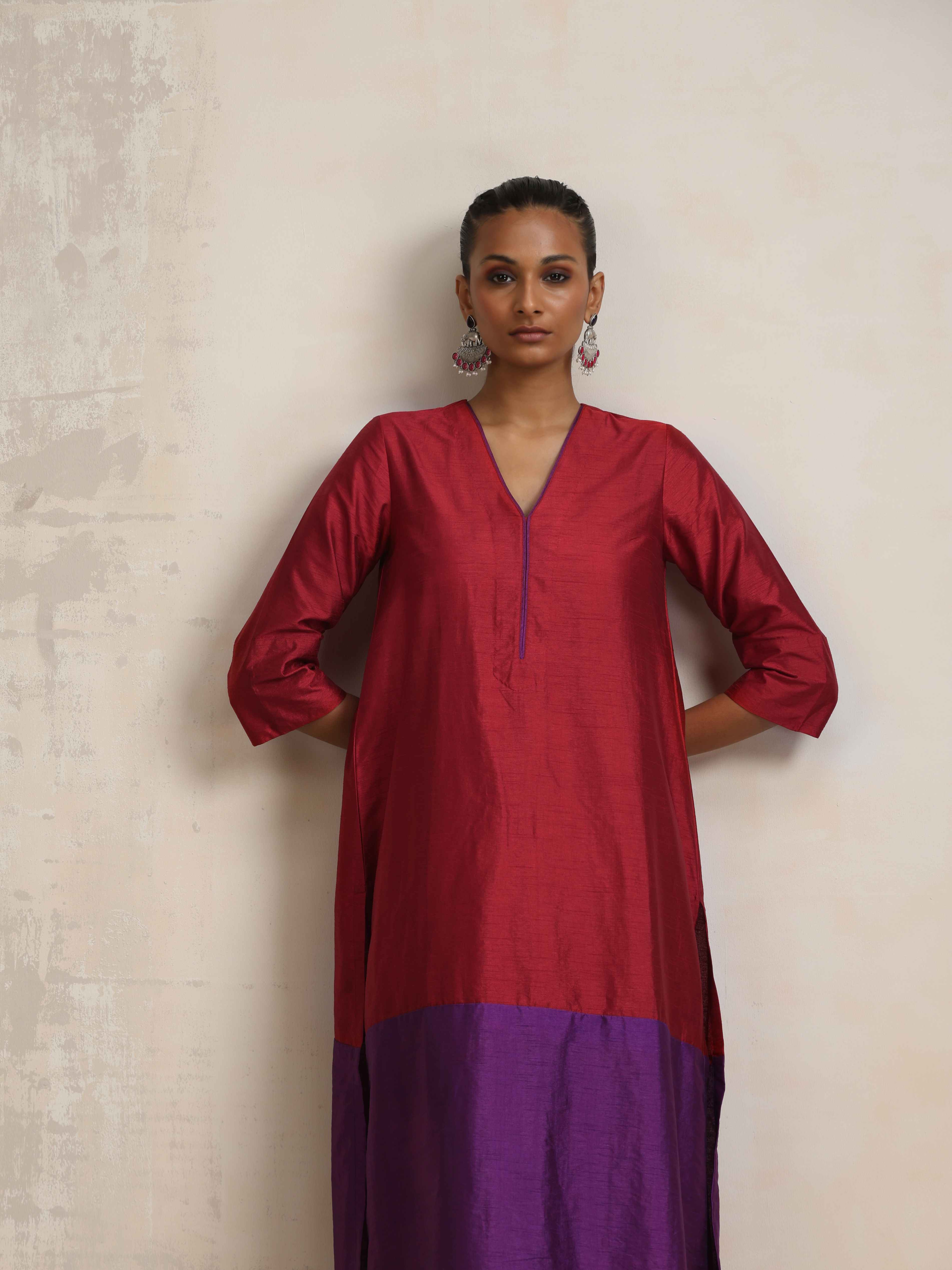 trueBrowns Red Silk Kurta Set - Distacart