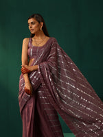 Thumbnail for trueBrowns Mauve Cotton Silver Lurex Striped Ready to Wear Saree - Distacart