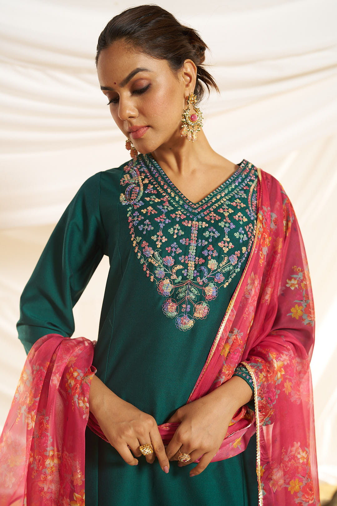 BulBul Women Green Embellished Premium Silk Straight Suit With Dupatta