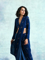 Thumbnail for trueBrowns Blue Embroidered Velvet Ready to Wear Saree - Distacart