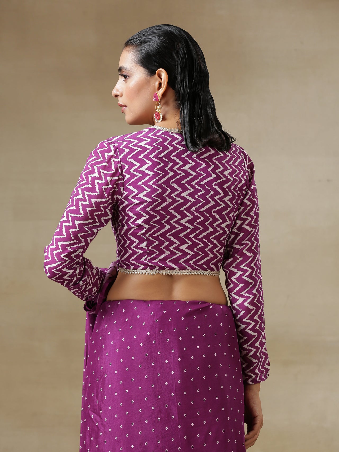 trueBrowns Purple Bandhani Printed Silk Full Sleeve Blouse - Distacart