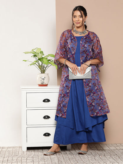 InWeave Ink Blue Strappy Set With Mauve Print Floral Cape - Distacart