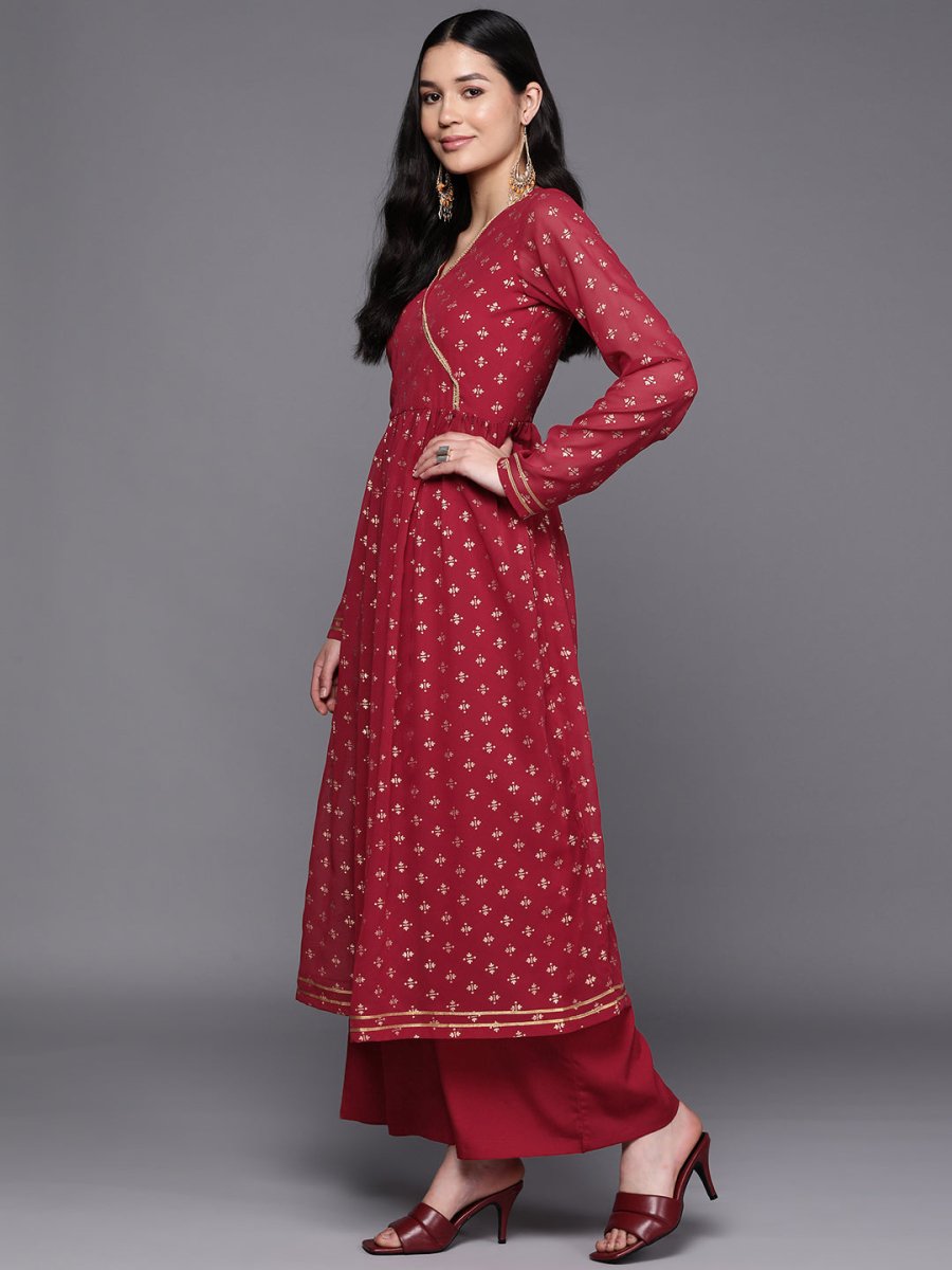 Ahalyaa Women Maroon Floral Empire Kurta with Palazzos - Distacart