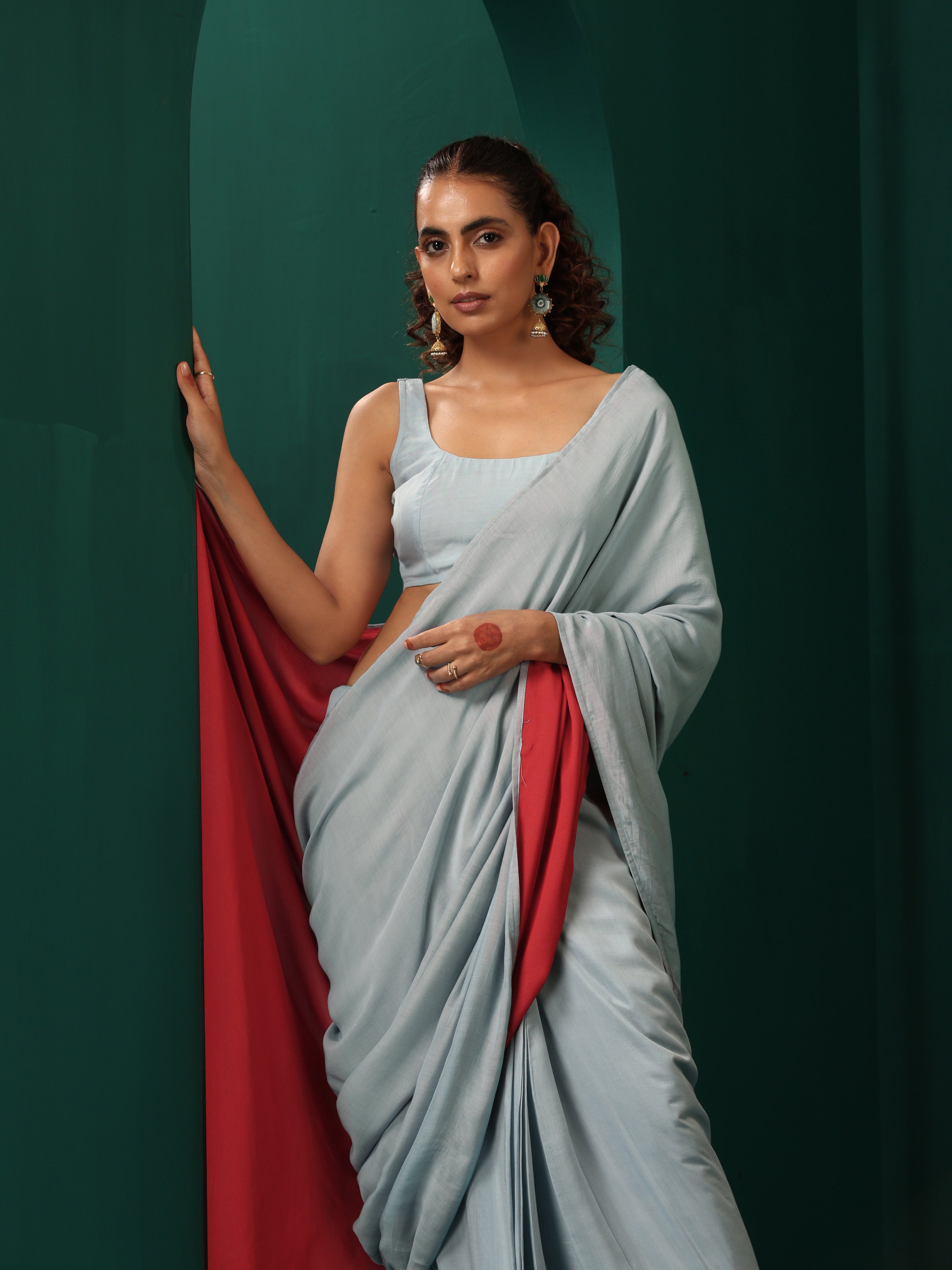 trueBrowns Powder Blue Muslin Silk Ready to Wear Saree - Distacart