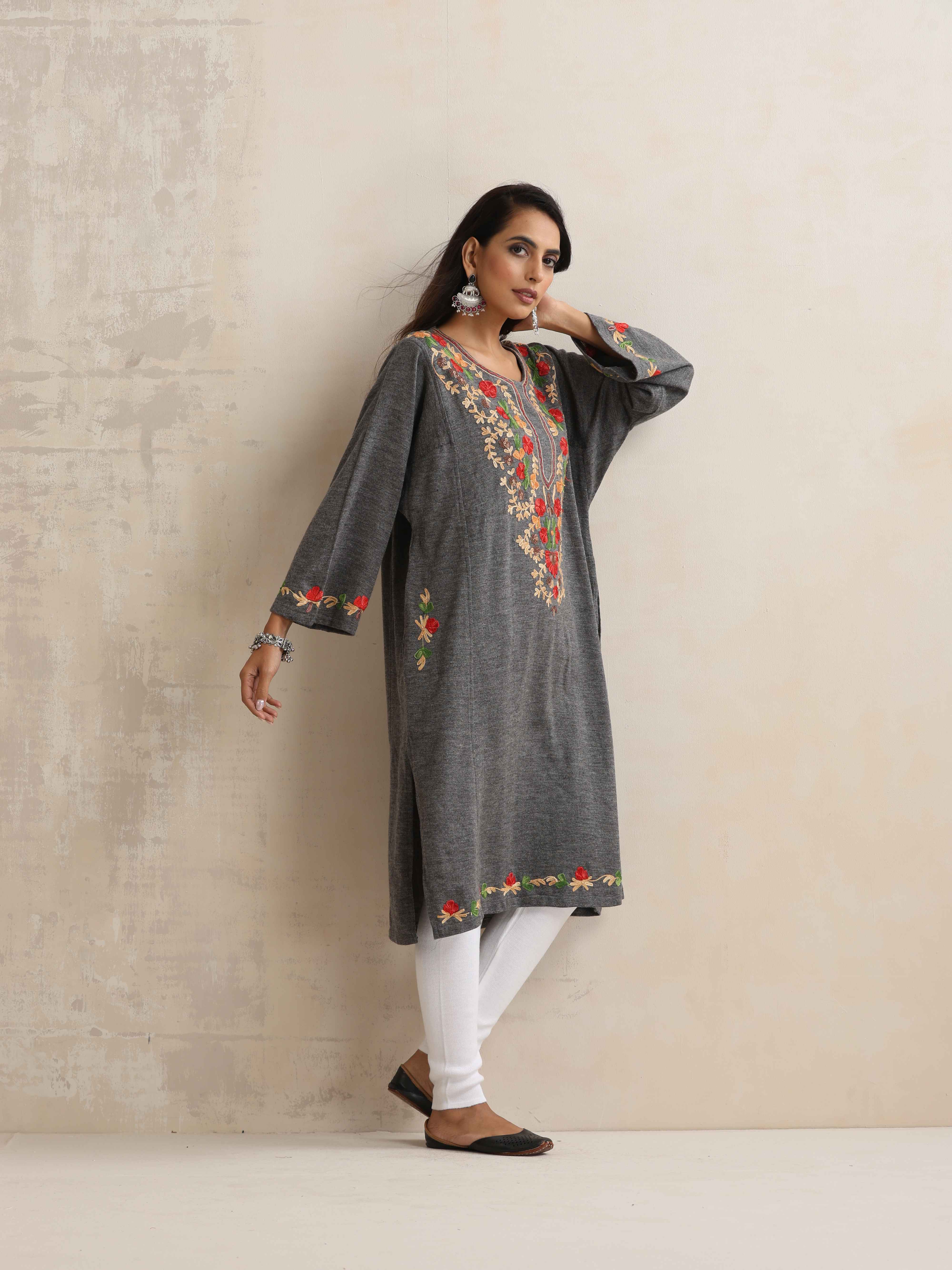 trueBrowns Grey Kashmiri Embroidered Woollen Phiran Kurta - Distacart