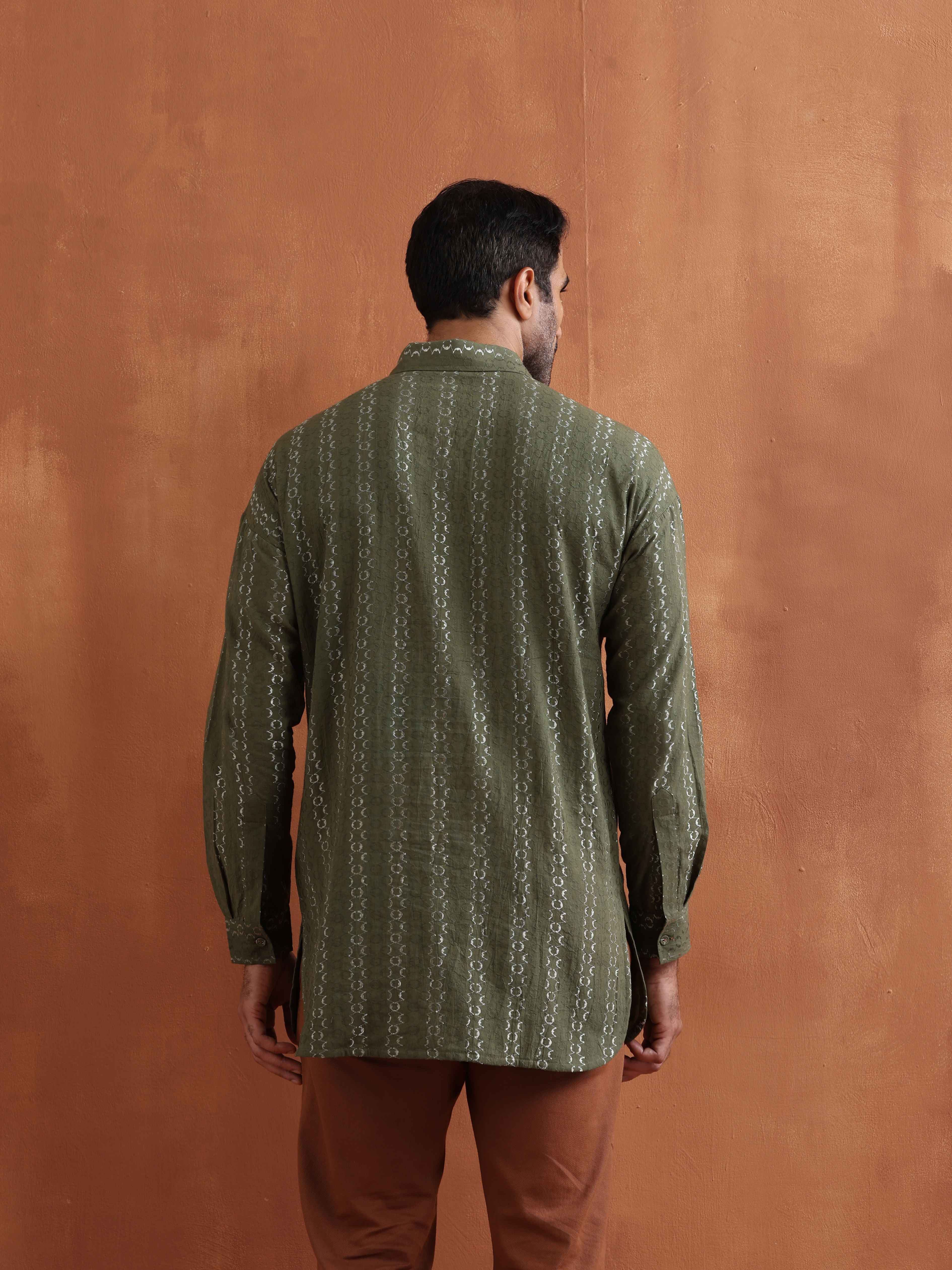 trueBrowns Men's Olive Green Cotton Dobby Short Kurta