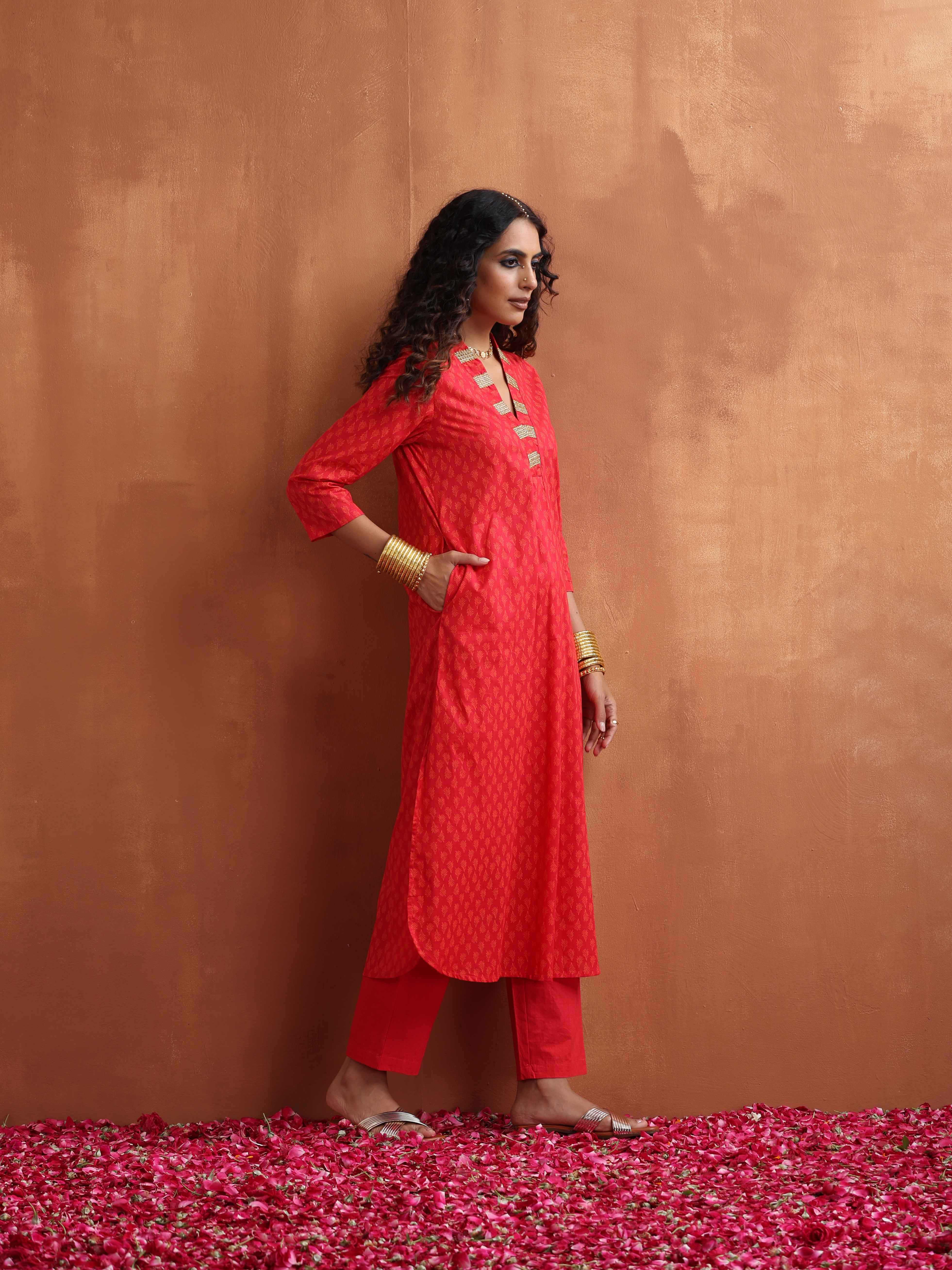 trueBrowns Red Print A-line Kurta Set - Distacart