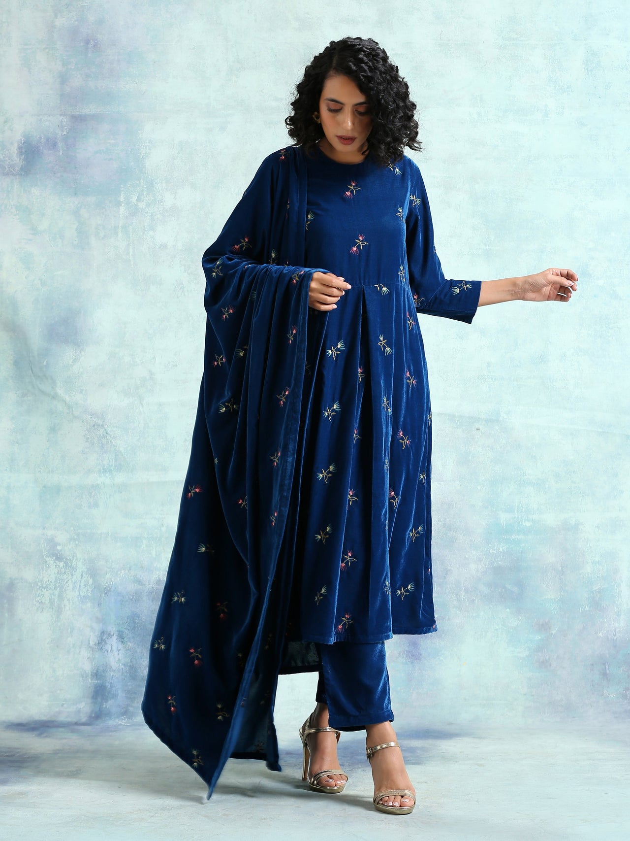 trueBrowns Blue Embroidered Velvet Shawl - Distacart