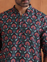 Thumbnail for trueBrowns Men's Black Floral Printed Kurta