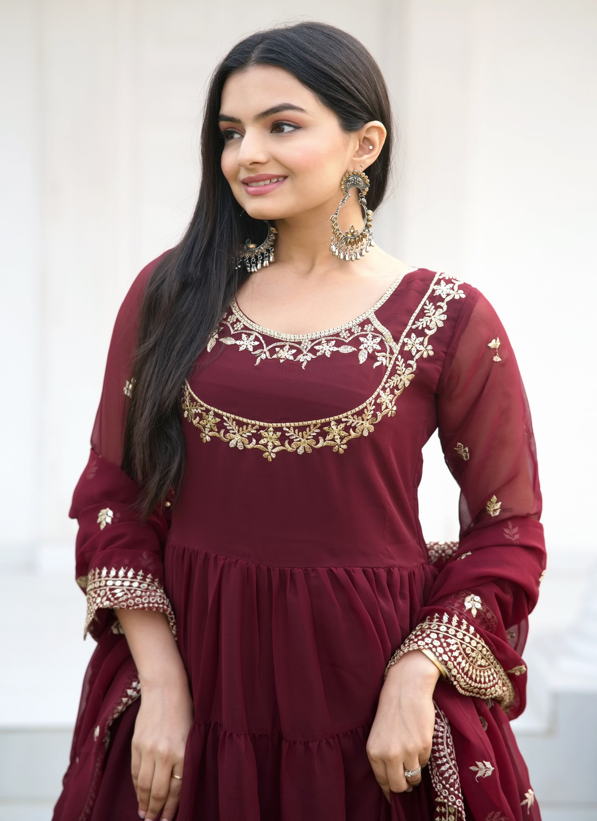 Teeya Creation MAroon Color Faux Georgette Heavy Embroidery Work Fully Stitched Gown