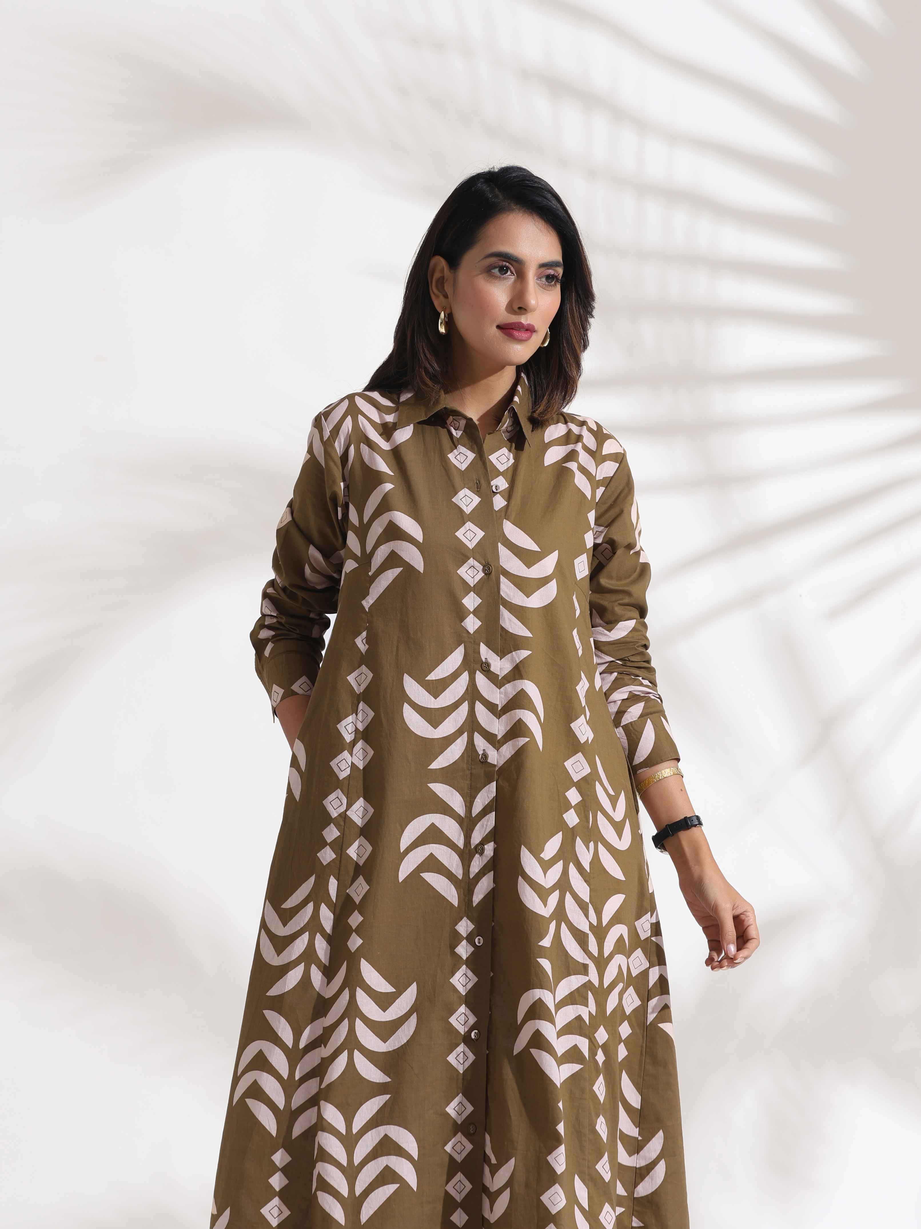 trueBrowns Olive Green Cotton Print Shirt Dress