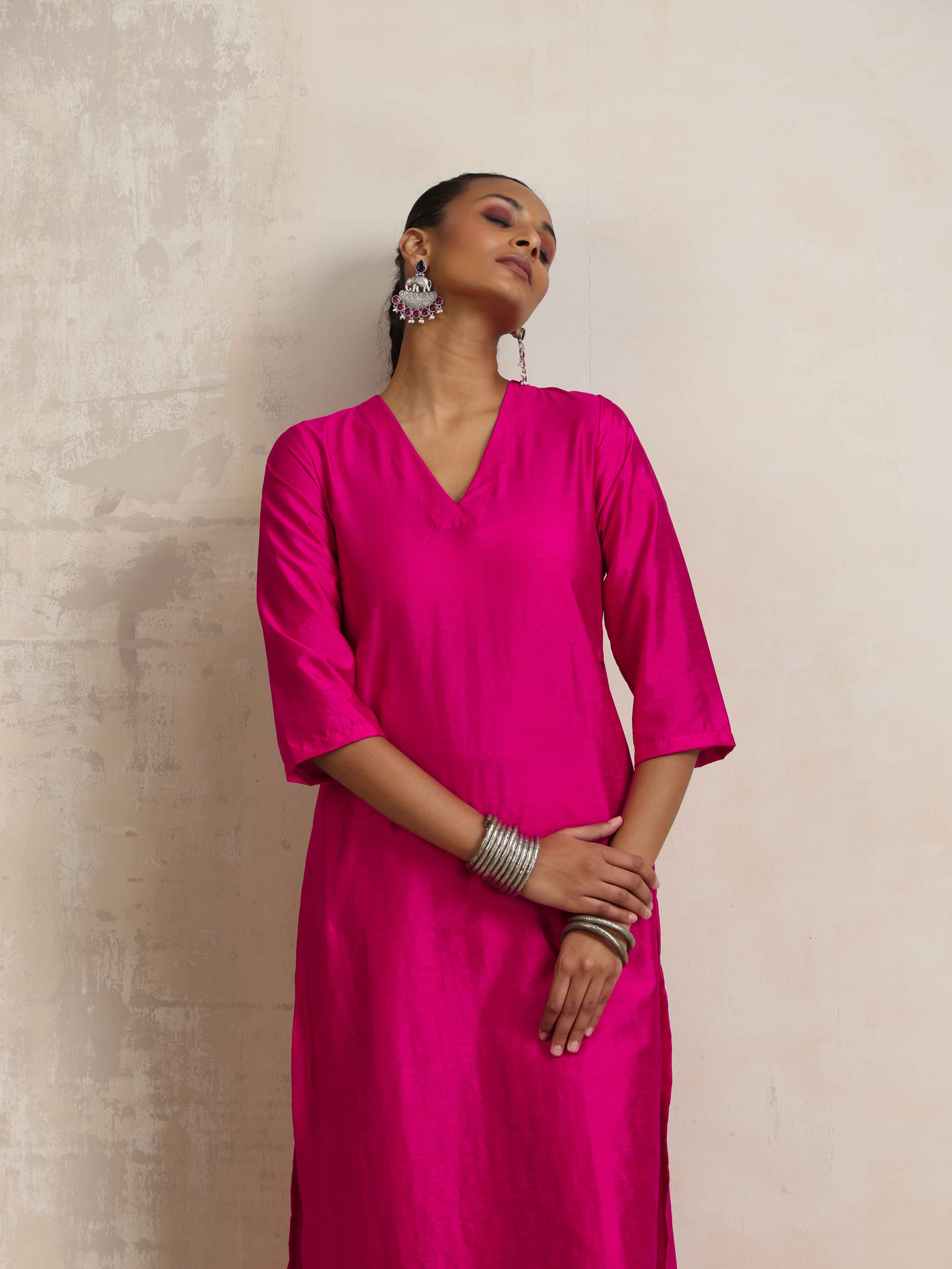 trueBrowns Pink Silk High Slit Kurta Set - Distacart