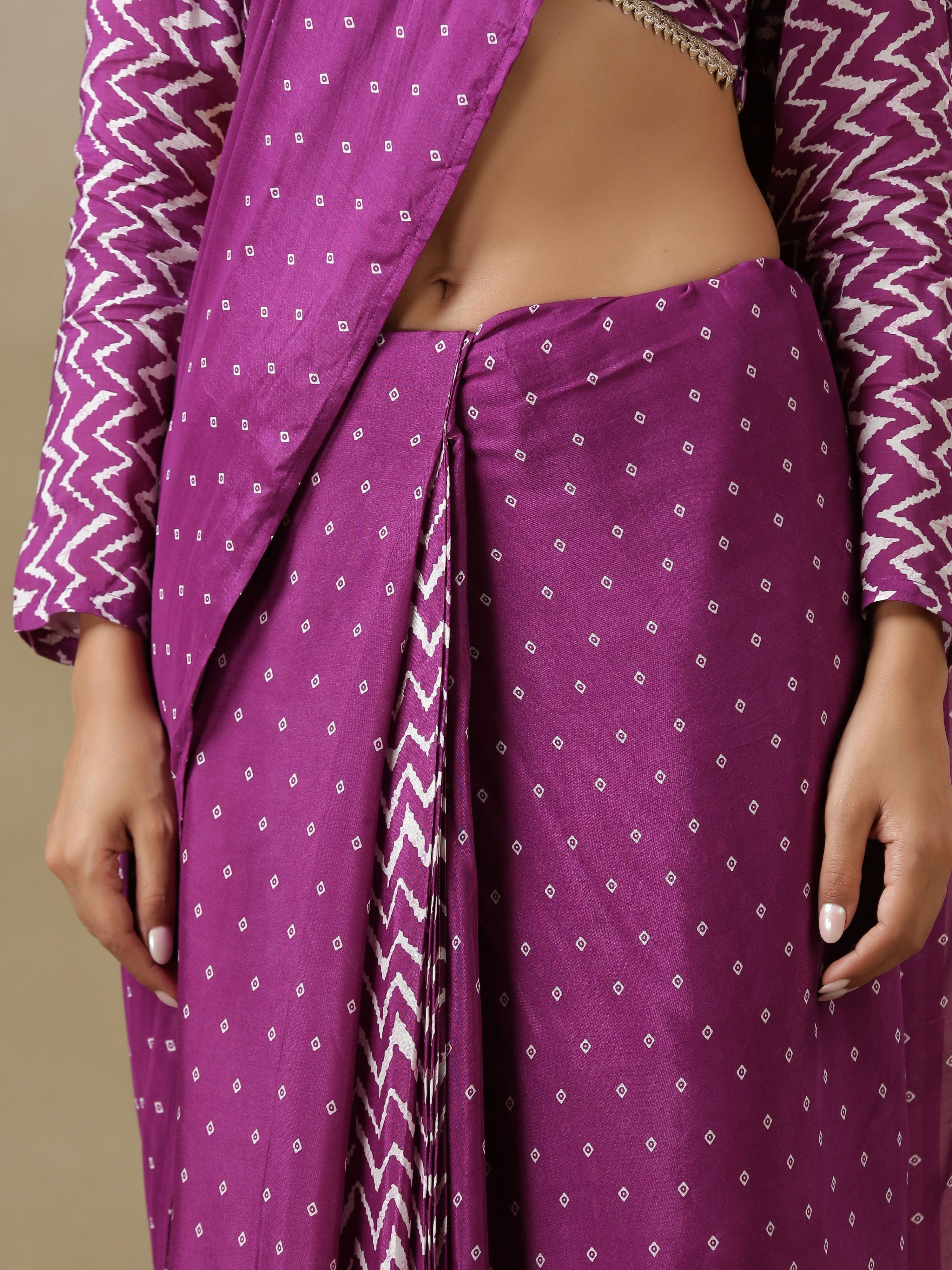 trueBrowns Purple Bandhani Printed Silk Ready to Wear Saree with Belt - Distacart