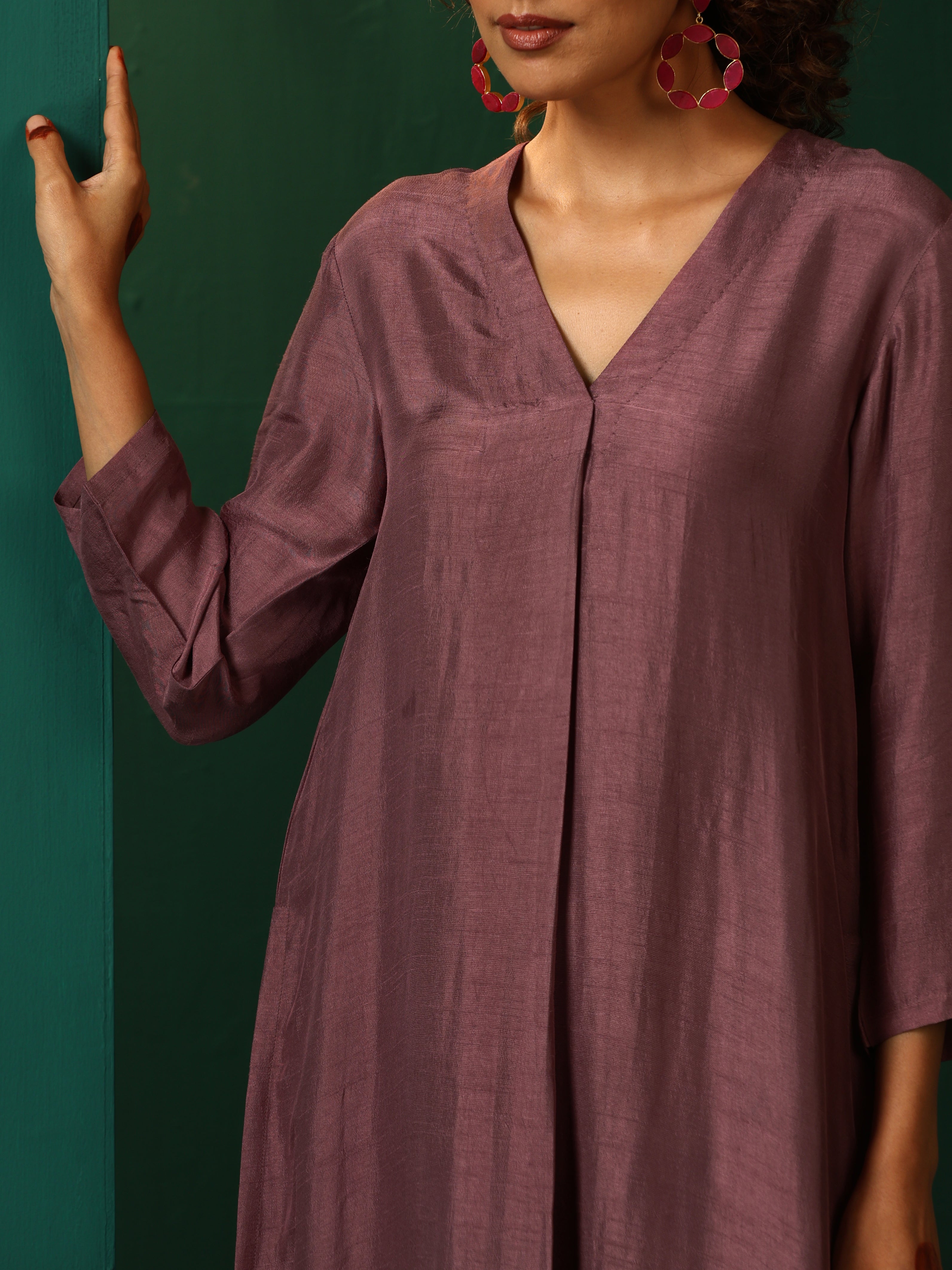 trueBrowns Light Mauve Silk Front Pleat Kurta Pant Set - Distacart