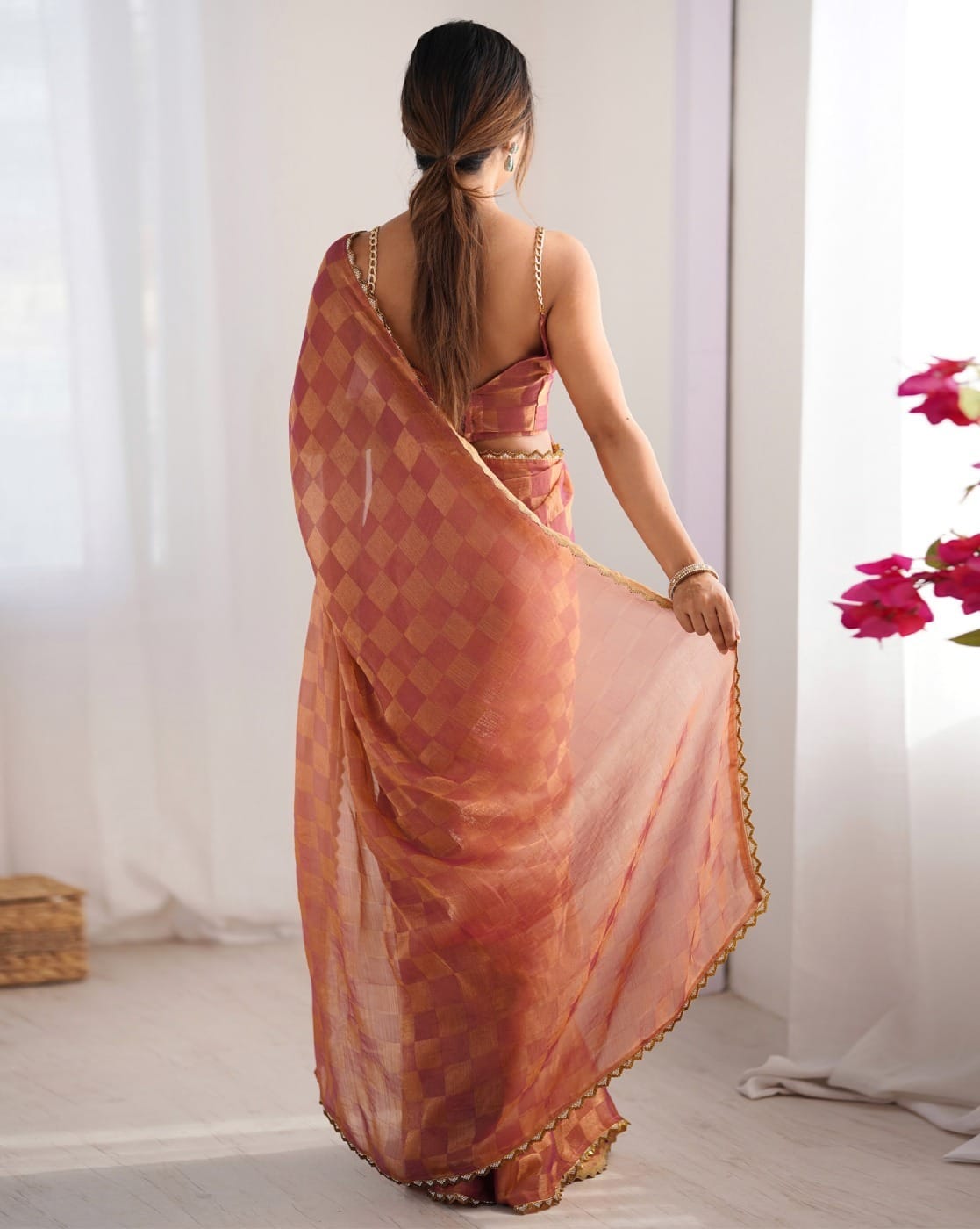 Lorenvalley Fashion Peach NC Chiffon Square with fancy Lace Saree with Blouse