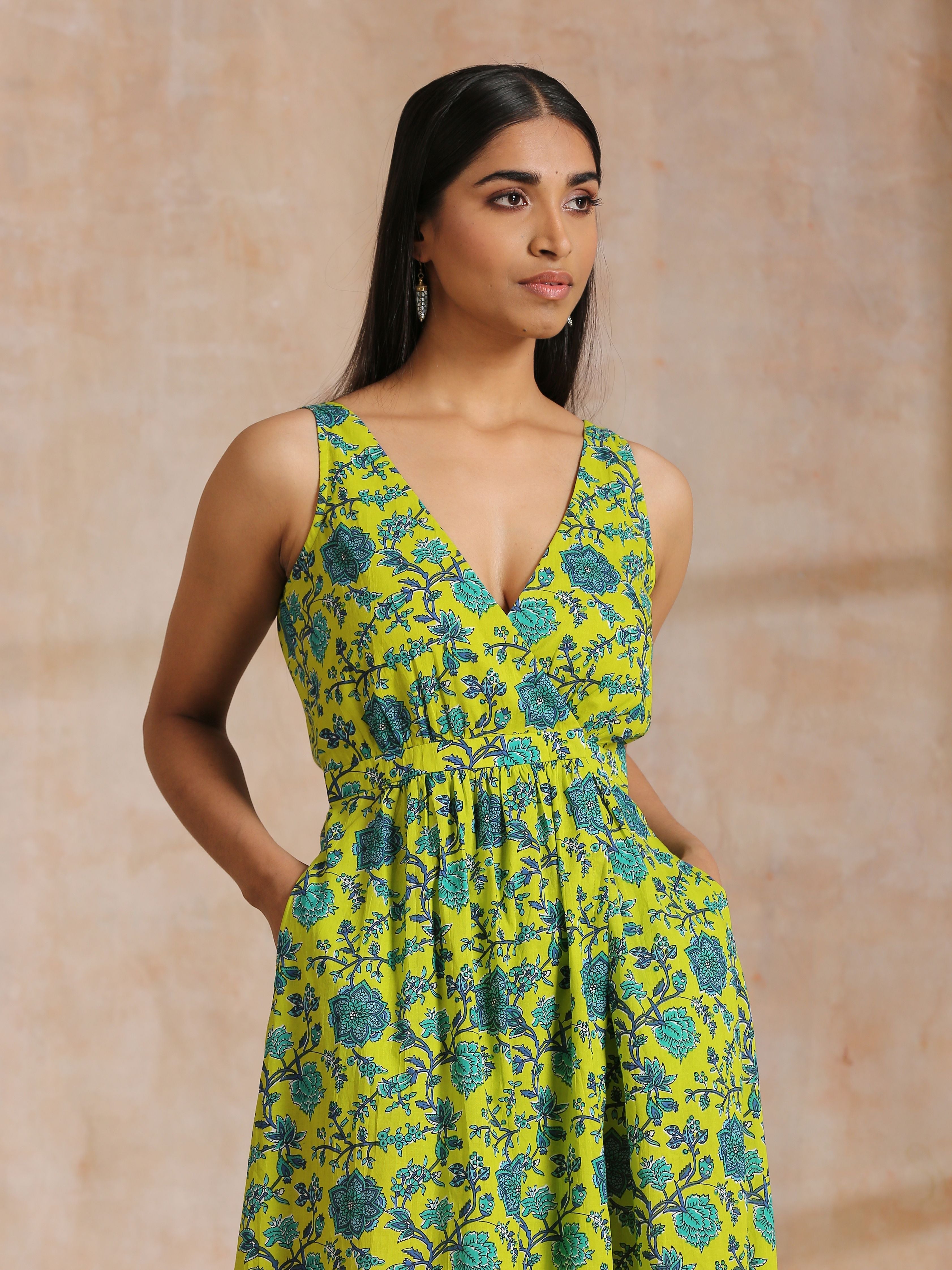 trueBrowns Lime Green Overall Teal Floral Block Print Cotton Sleeveless Wrap Dress - Distacart