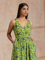 Thumbnail for trueBrowns Lime Green Overall Teal Floral Block Print Cotton Sleeveless Wrap Dress - Distacart