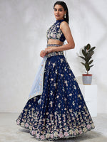 Thumbnail for House of Panchhi Navy Blue Pure Georgette Sequins And Thread Embroidery Lehenga Choli & Dupatta - Distacart
