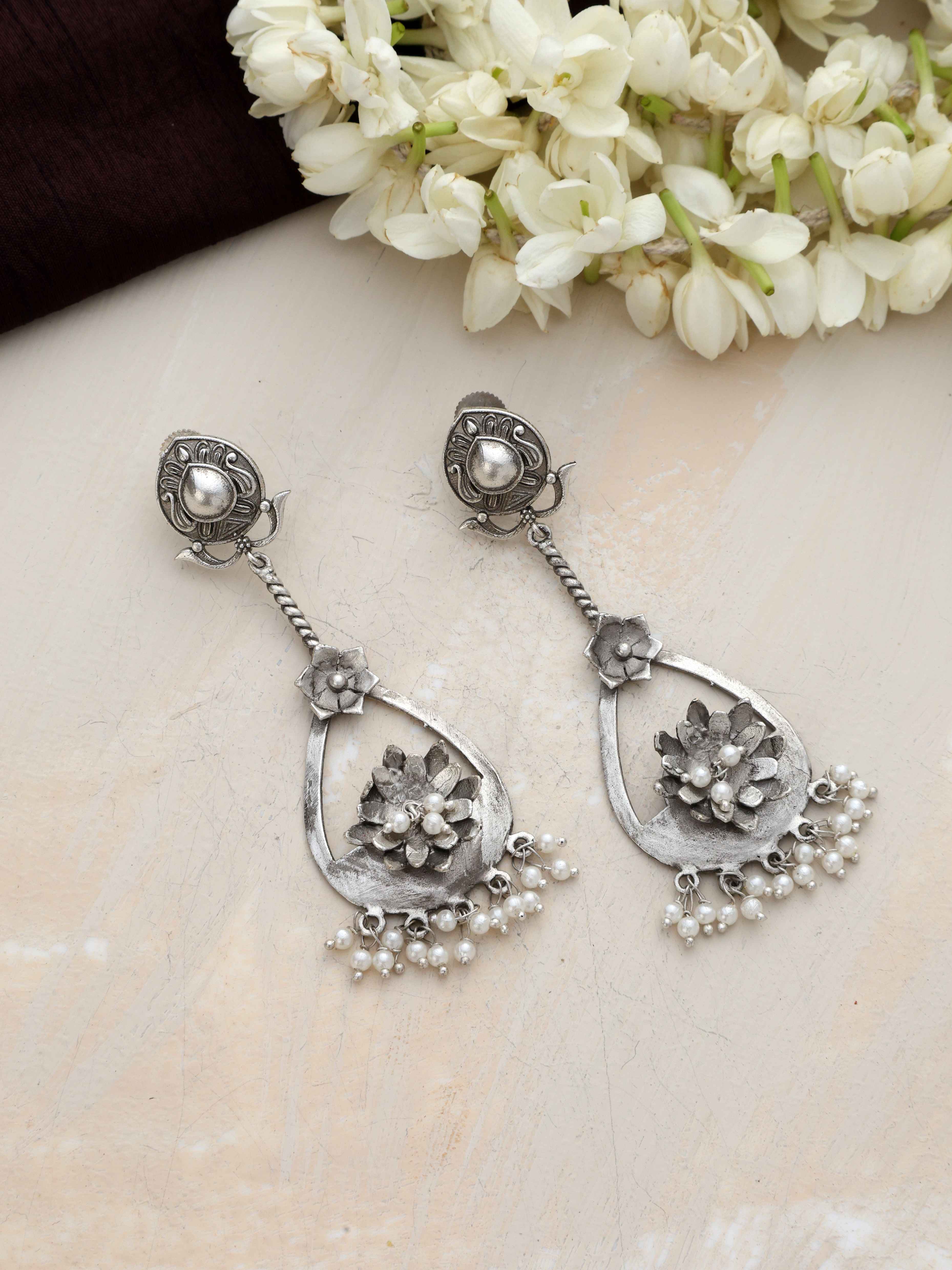 trueBrowns Silver Tone Floral Chandbaali Earrings - Distacart
