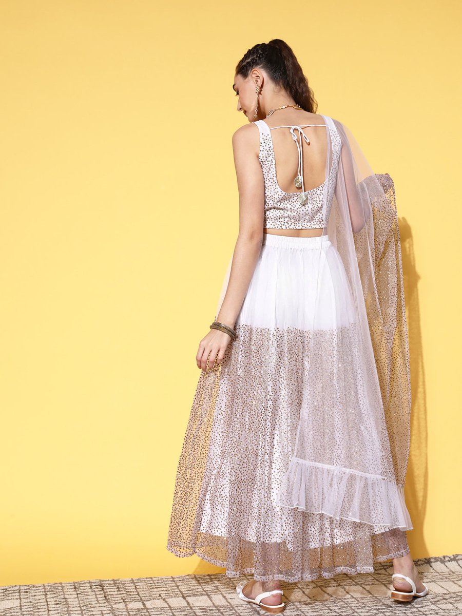 Ahalyaa White & Gold-Toned Printed Ready to Wear Lehenga & Blouse With Dupatta - Distacart