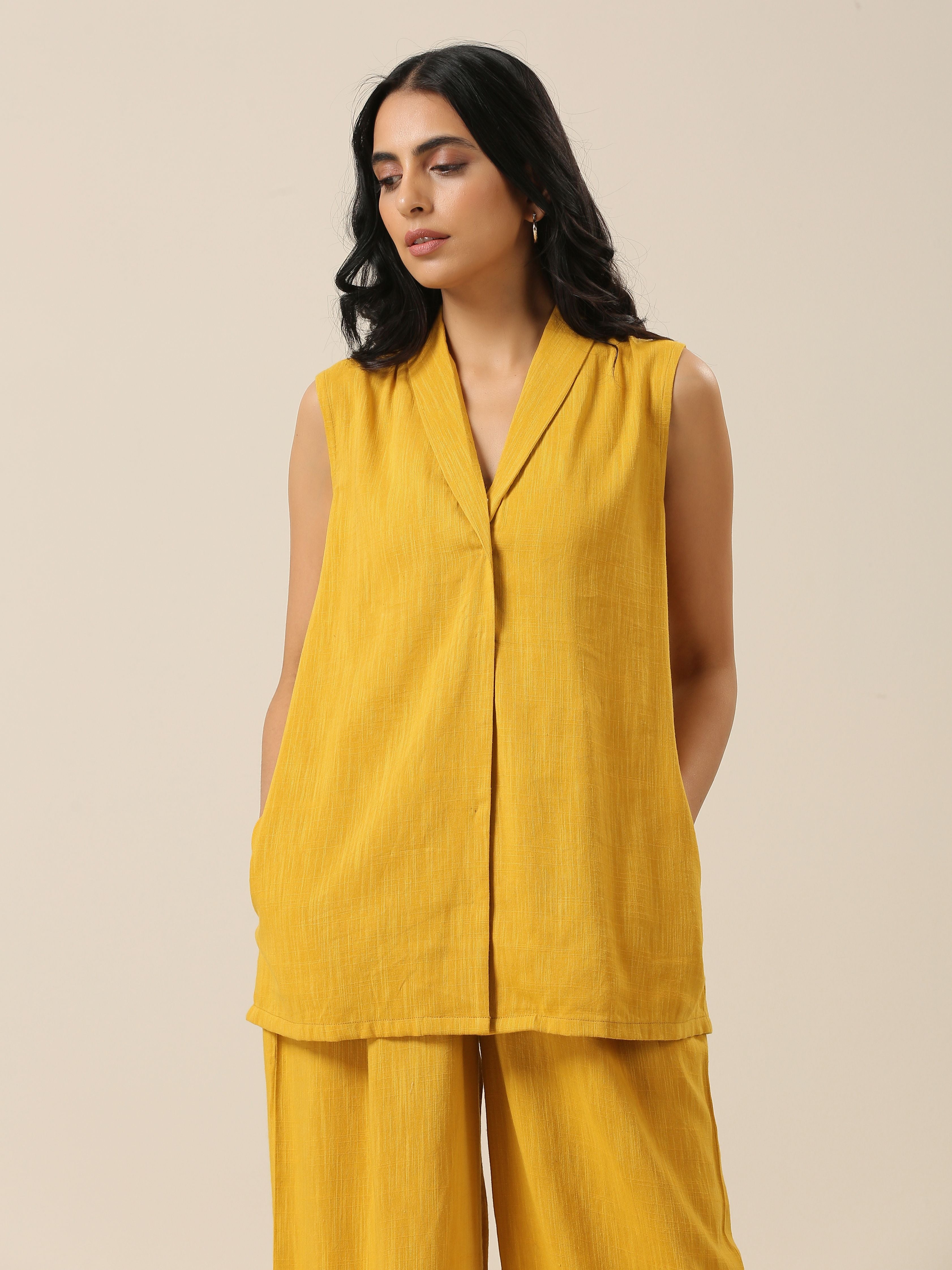 trueBrowns Mustard Yellow Slub Texture Sleevesless Jacket Pant Set - Distacart
