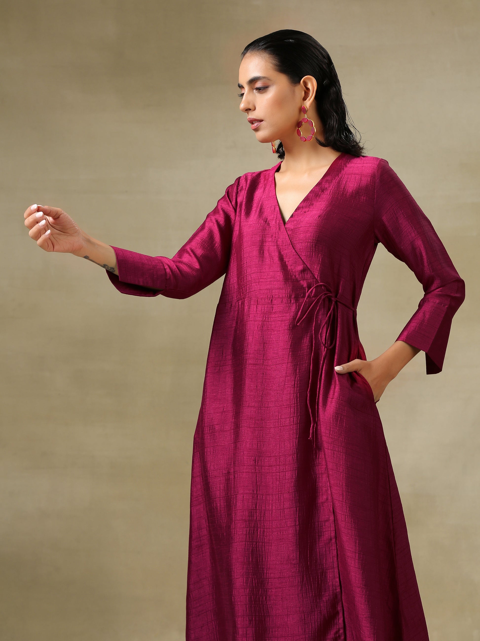 trueBrowns Purple Textured Silk Angrakha Kurta Pant Set - Distacart