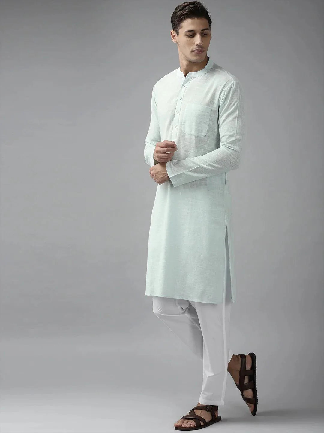 Fabmade Men Sky Blue Cotton Linen Straight Kurta
