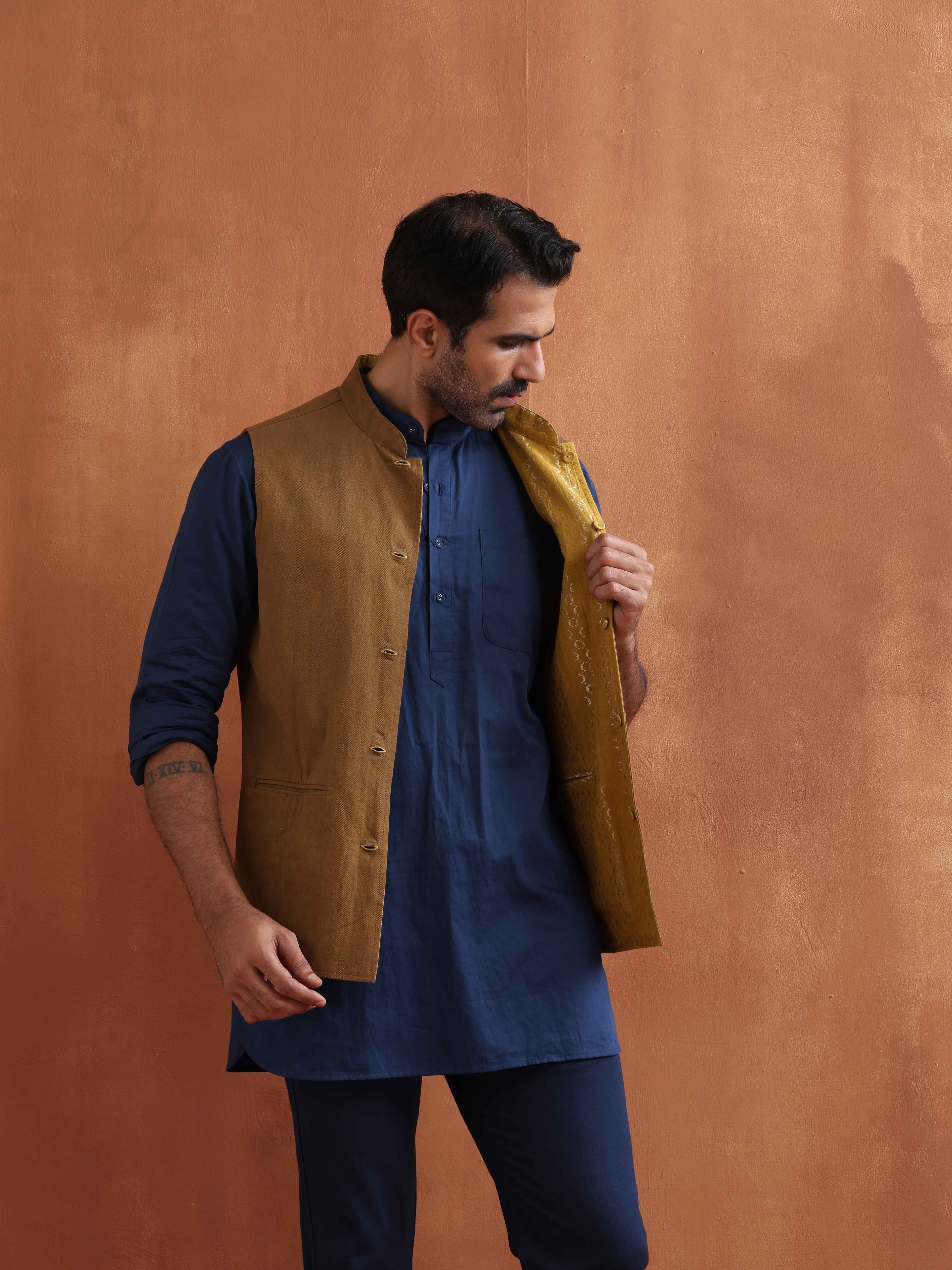 trueBrowns Men's Mustard Cotton Dobby Reversible Nehru Jacket