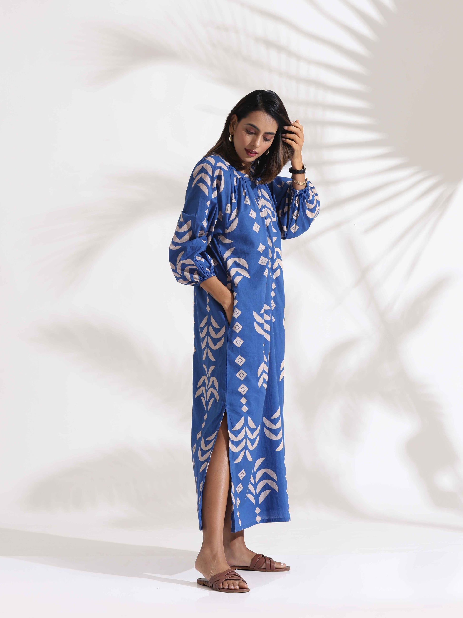 trueBrowns Blue Cotton Print Dress - Distacart