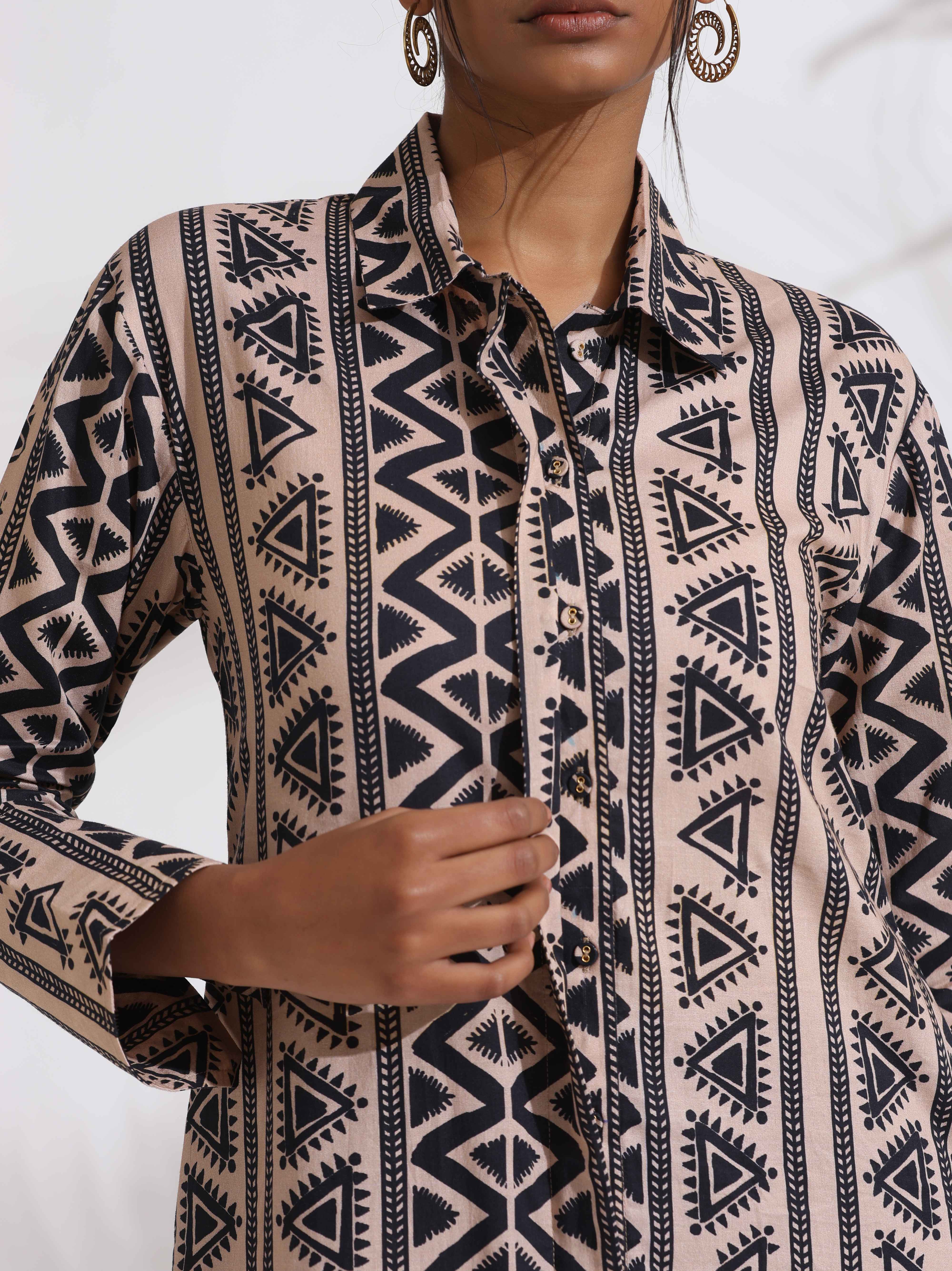 trueBrowns Beige Cotton Geometric Print Shirt Kurta Set