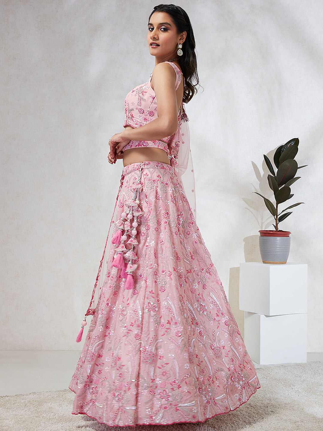 House of Panchhi Pink Georgette Sequins And Thread Embroidery Lehenga Choli & Dupatta - Distacart
