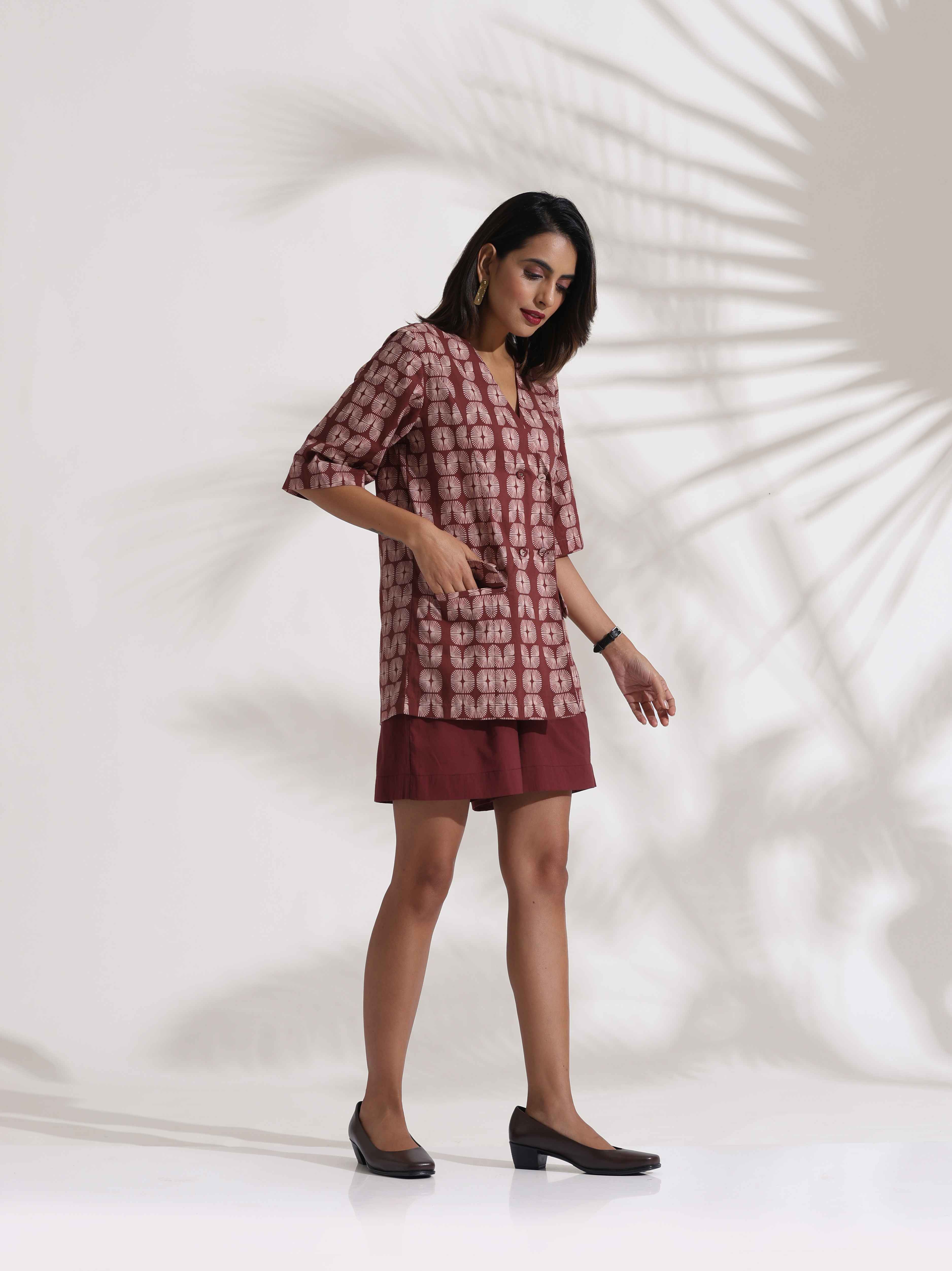 trueBrowns Brown Cotton Print Jacket Top & Short Co-ord Set