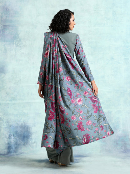 trueBrowns Grey Printed Velvet Ready to Wear Saree - Distacart