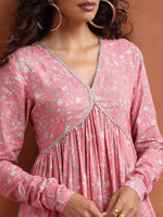 Thumbnail for trueBrowns Pink Print Flared Anarkali Kurta Set - Distacart