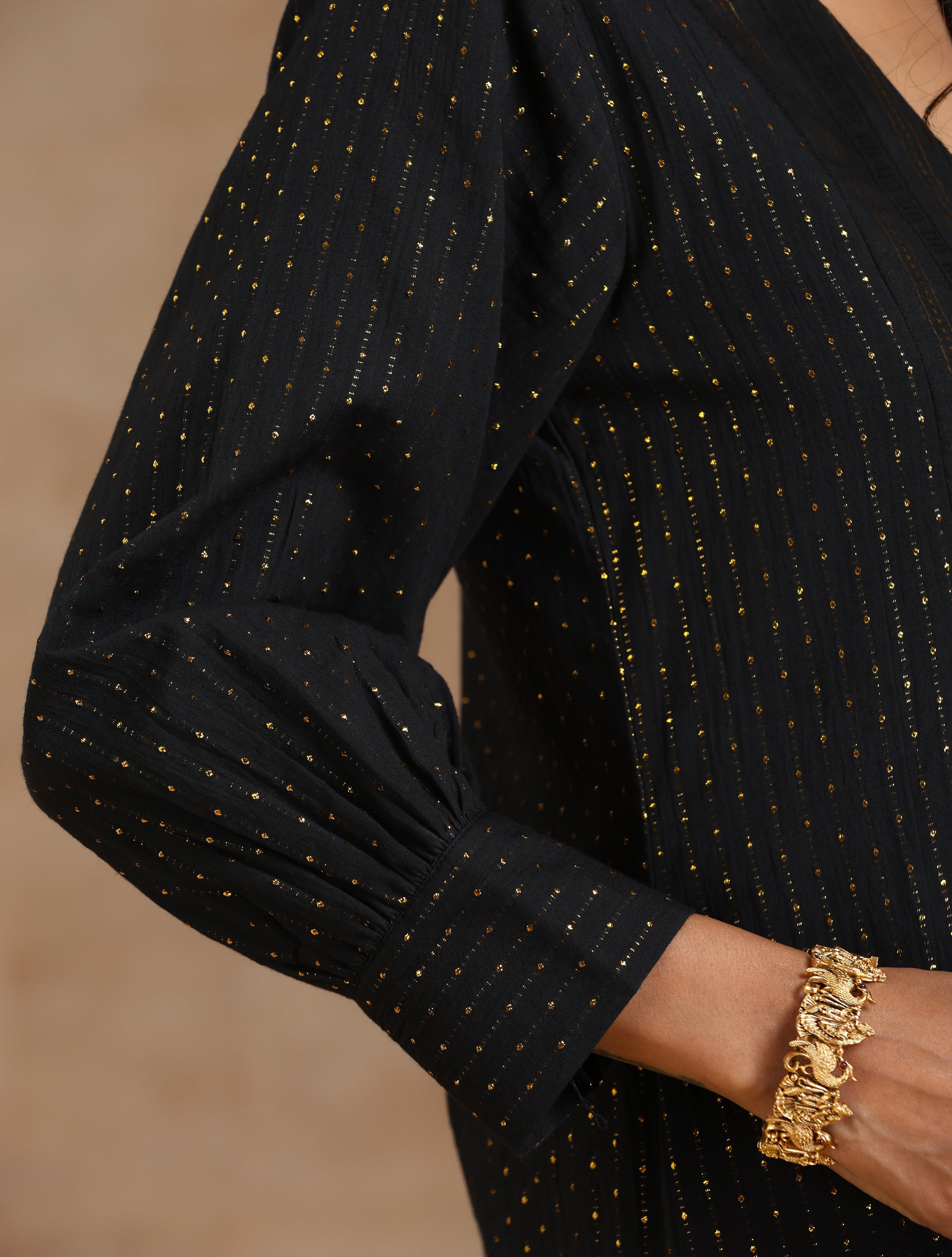 trueBrowns Black Gold Cotton Overlap Yoke Kurta Set - Distacart