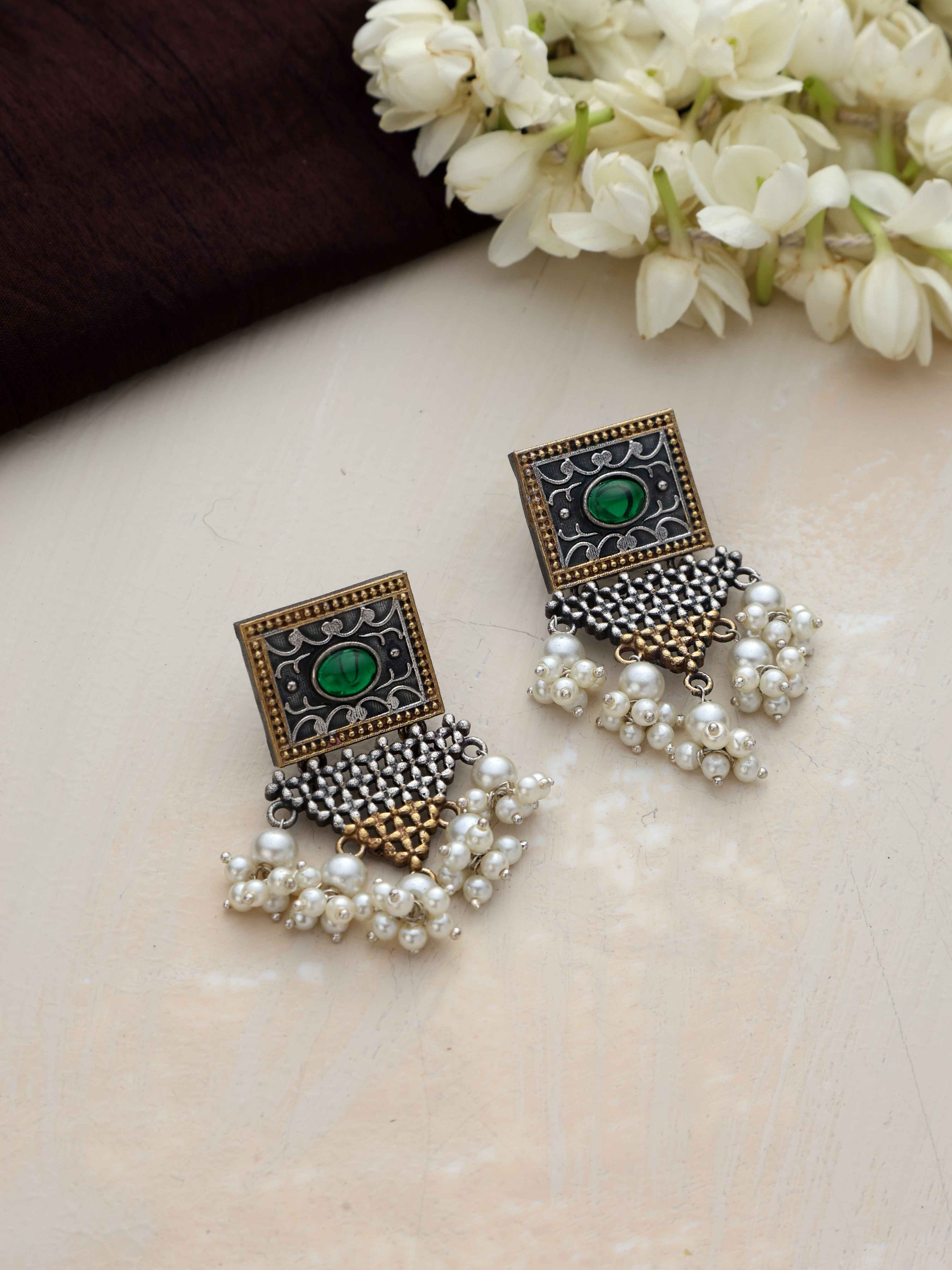 trueBrowns Silver Gold Tone Floral Silver Jaal Dangle Earrings - Distacart
