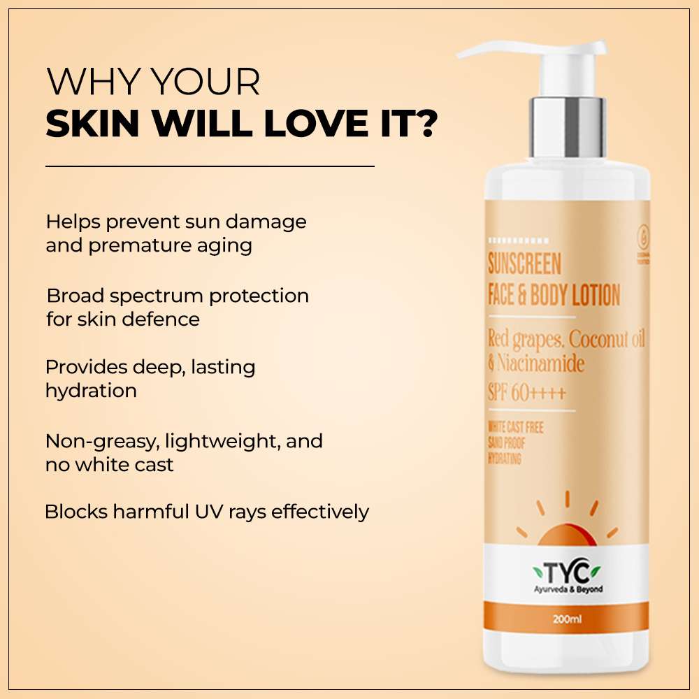 TYC Sunscreen Face & Body Lotion - Red Grapes, Coconut Oil & Niacinamide | SPF 60++++ - Dista