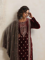 Thumbnail for trueBrowns Maroon Velvet Embroidered Kurta Pant Dupatta Set