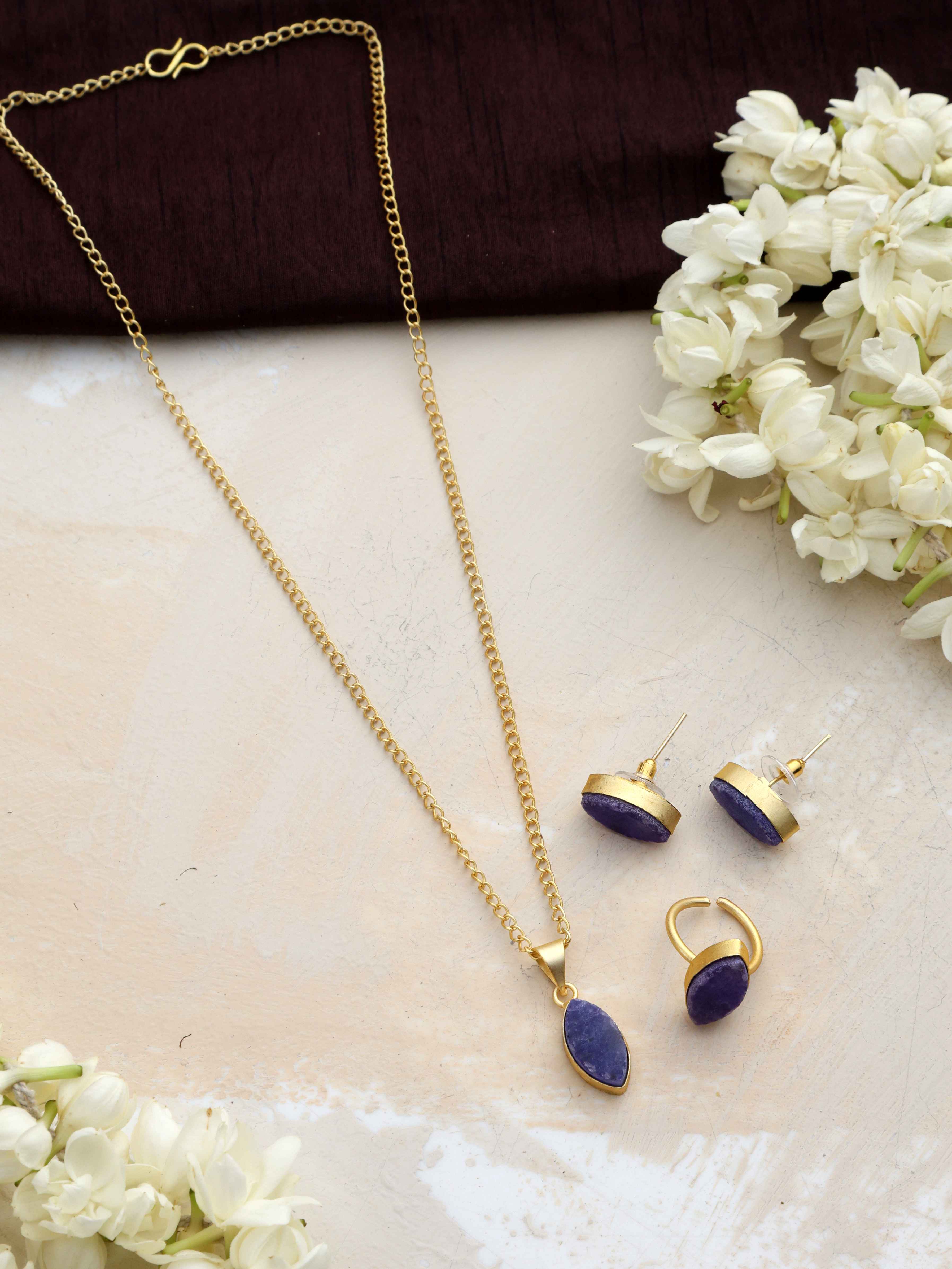 trueBrowns Gold Tone Blue Stone Pendant Set - Distacart