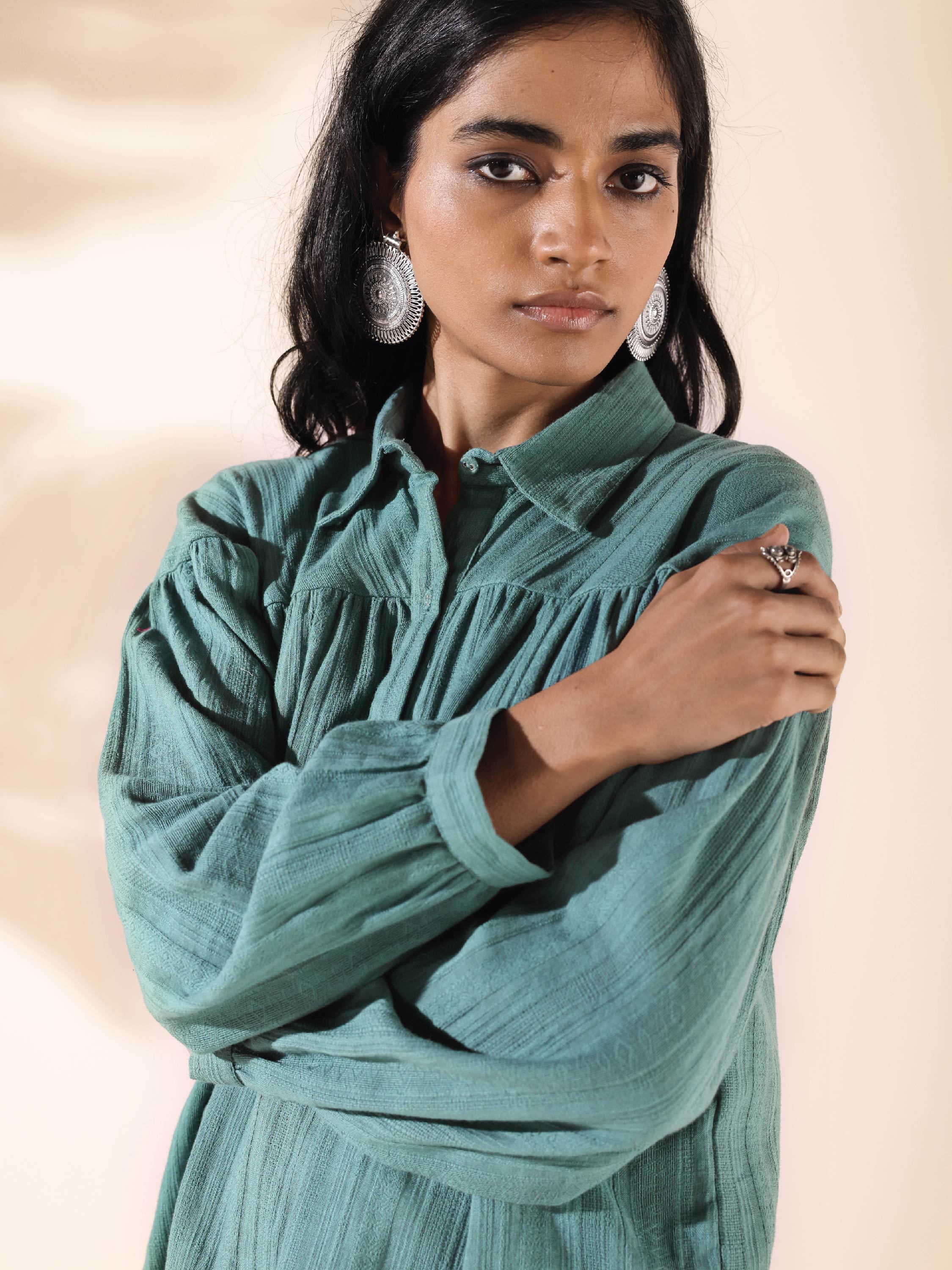 trueBrowns Turquoise Cotton Dobby Shirt Co-ord Set - Distacart