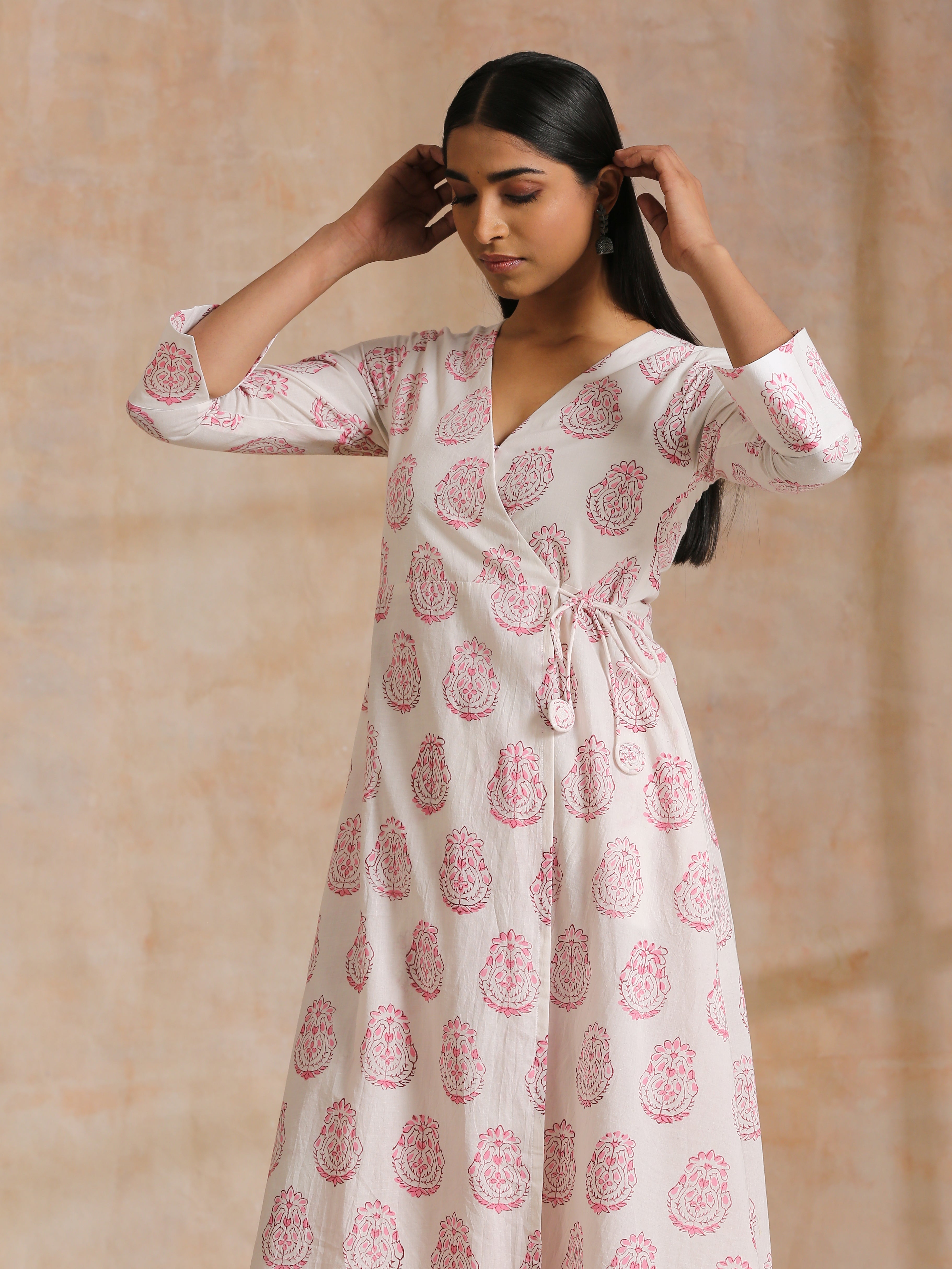 trueBrowns Pink Big Buta On White Print Cotton Angrakha Kurta Pant Set - Distacart